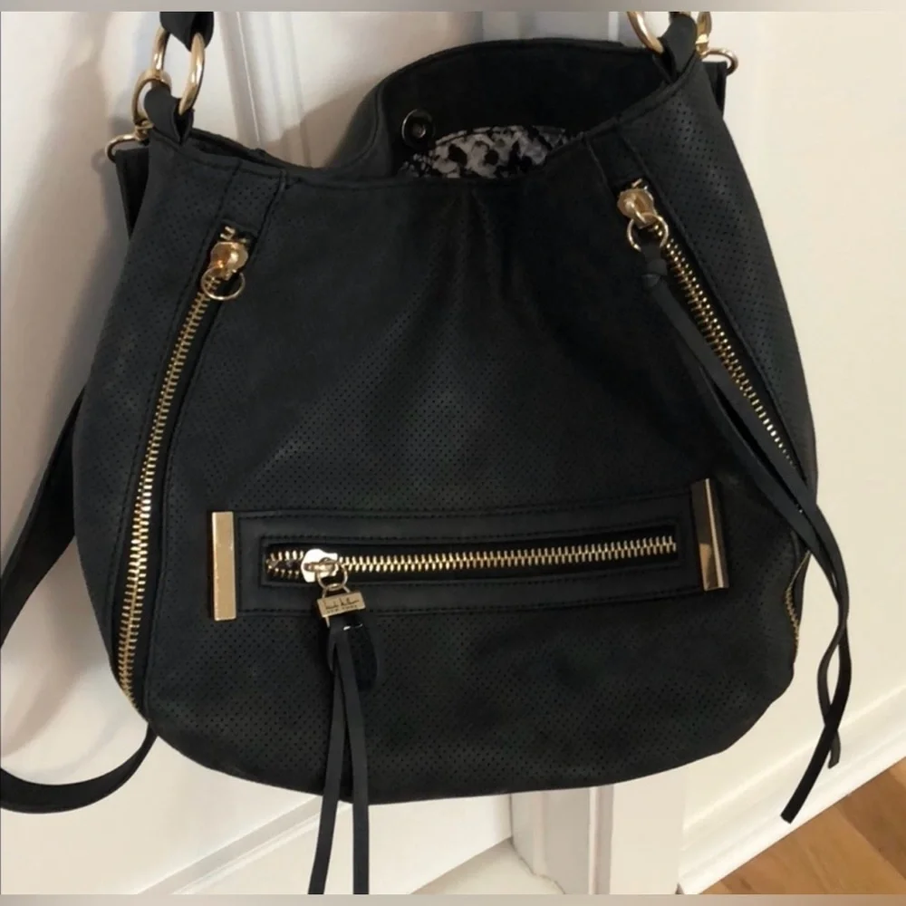 Nicole Miller New York Classic Black Hobo Bag with Gold Accents
